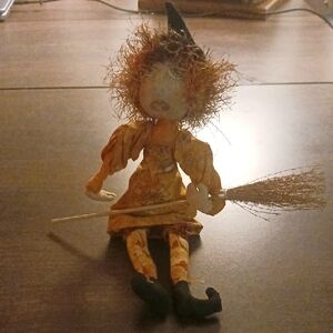 Whimsical Witch Doll with Broom - Orange and Black